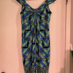 Cato Strapless Dress - Blue and Green Geometric